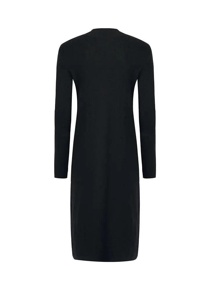 Black Pure Wool Mock Neck Knit Midi Work Dress