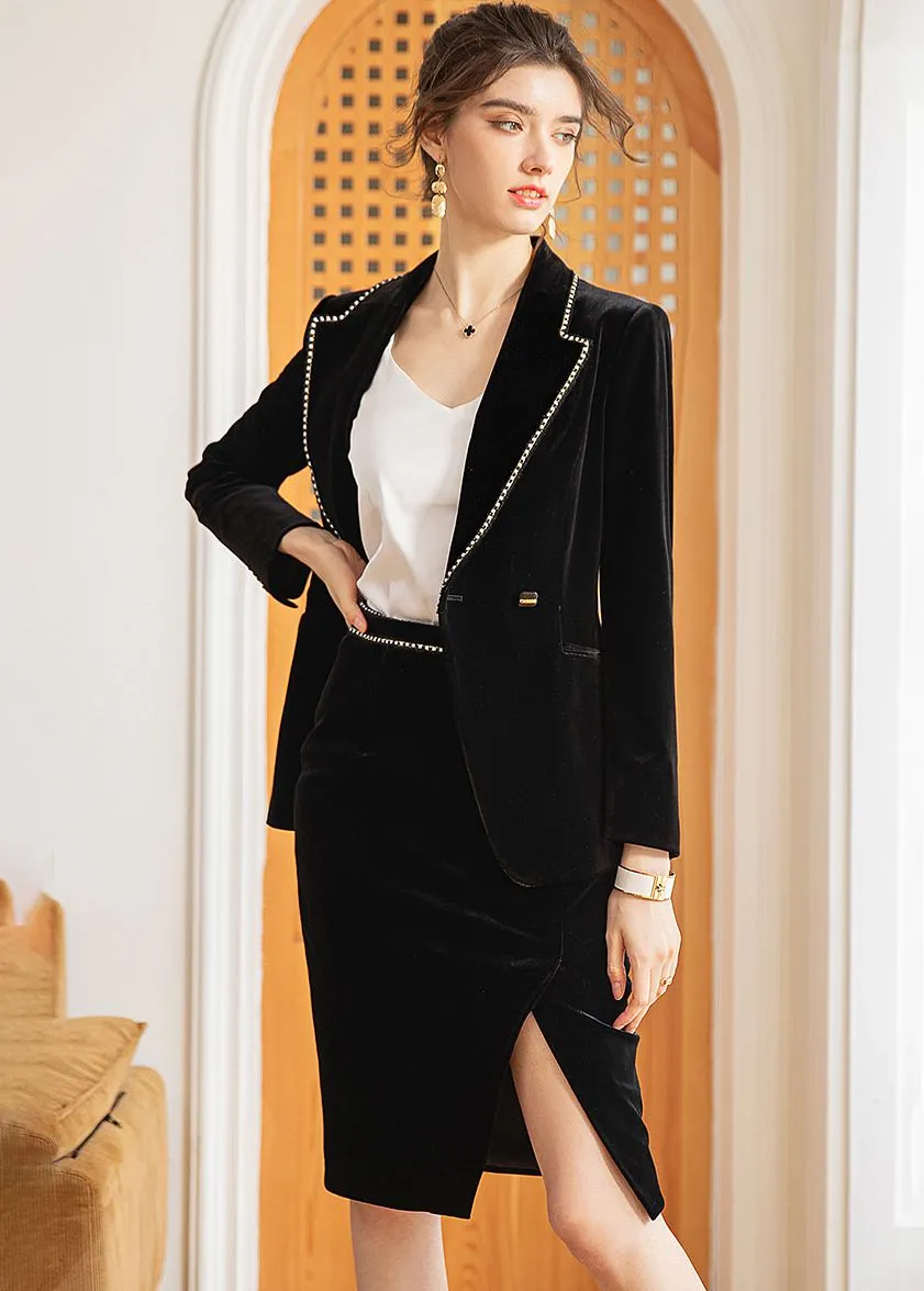 Black Velvet Tailored Short Blazer Split Skirt Set