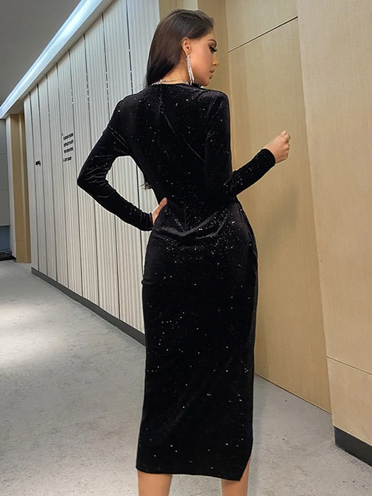 Black Wrap Detail Glitter Velvet Dress Sexy Long Sleeve Dress V-neck Winter Party Dress Women Elegant Dress