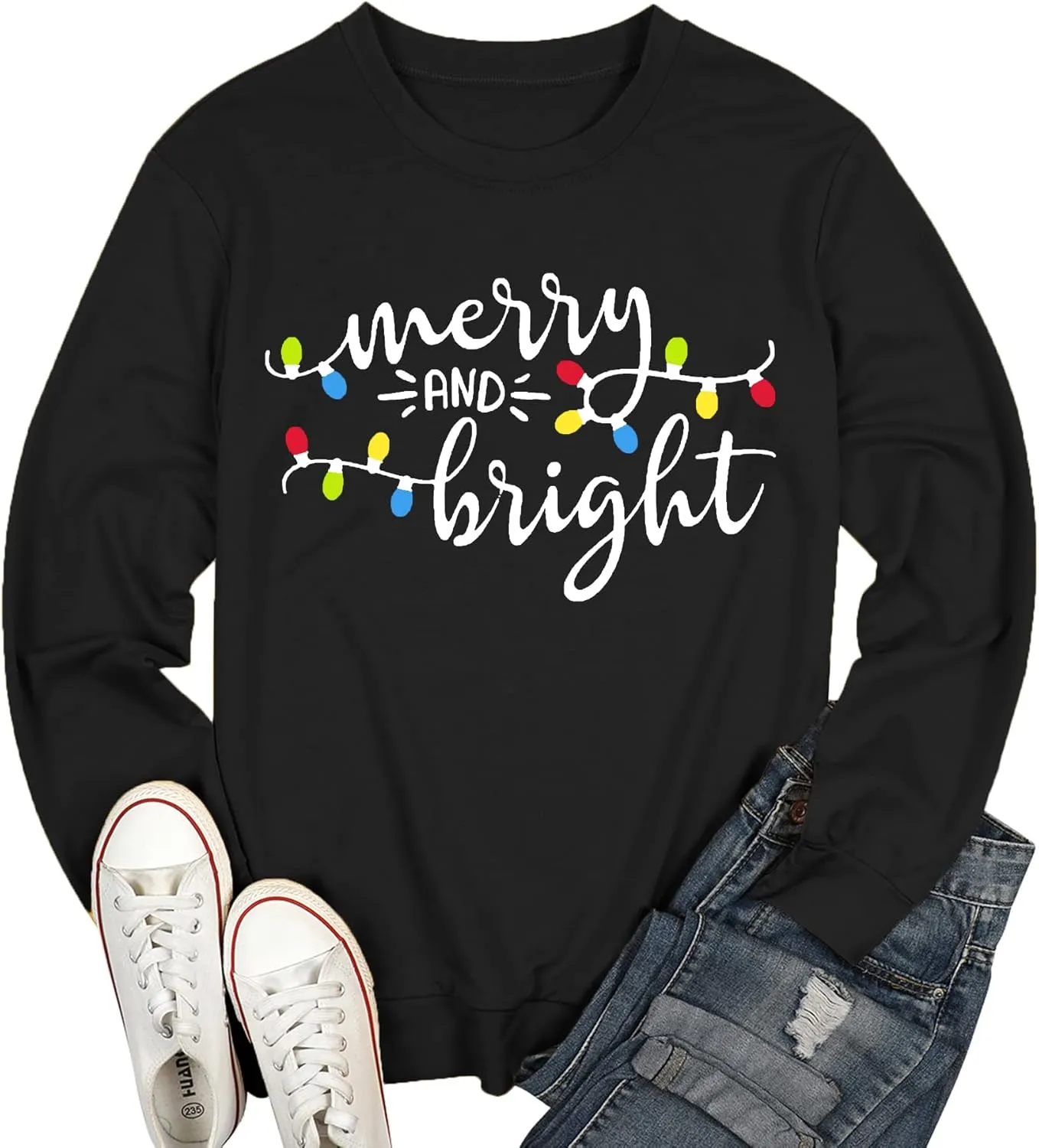 Christmas Sweatshirt Women Merry and Bright Christmas T-Shirt Funny Xmas Lights Blouse Tops Holiday Shirts