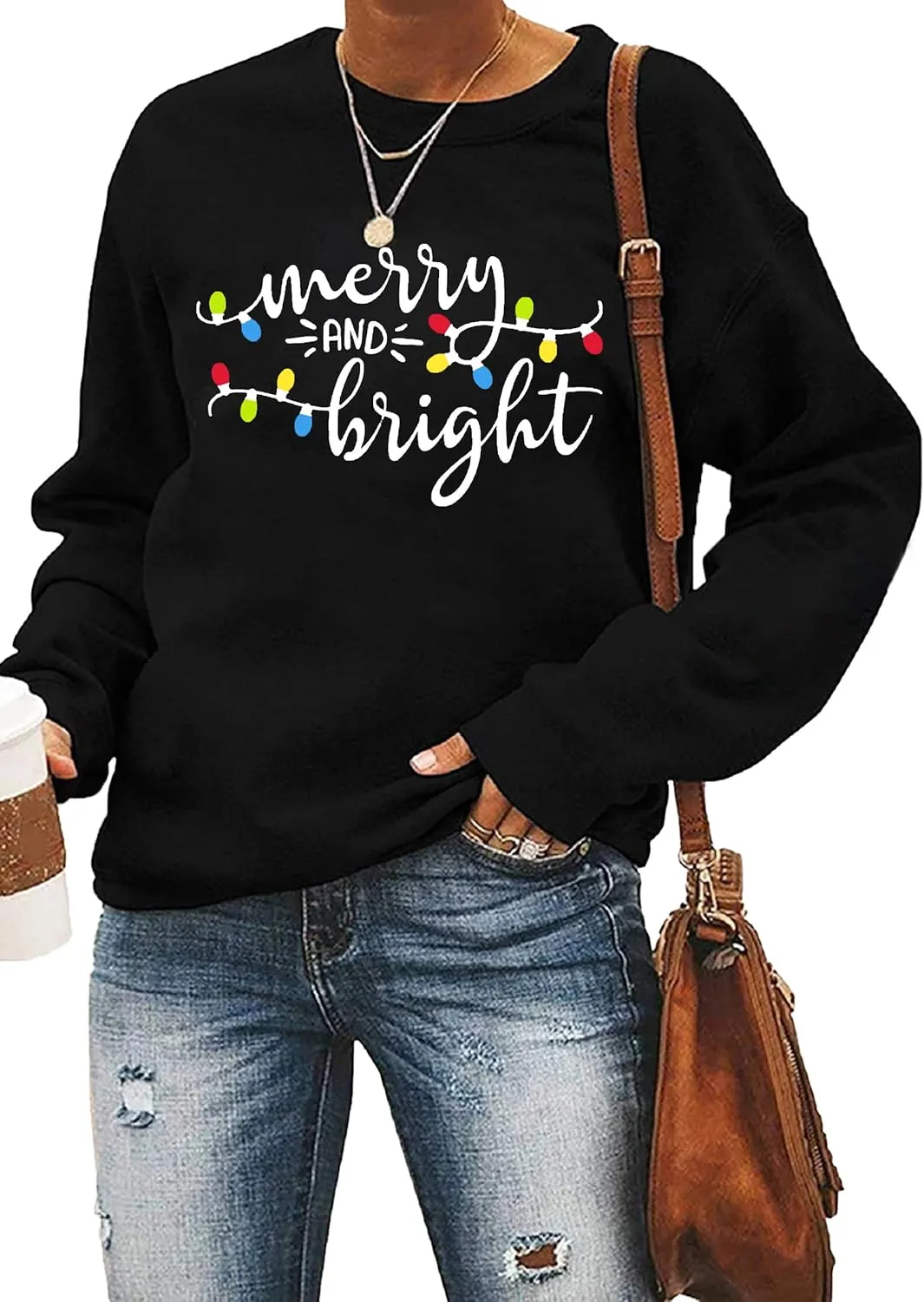 Christmas Sweatshirt Women Merry and Bright Christmas T-Shirt Funny Xmas Lights Blouse Tops Holiday Shirts
