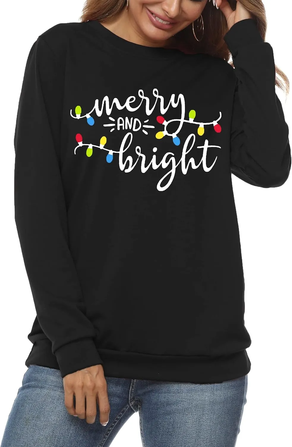 Christmas Sweatshirt Women Merry and Bright Christmas T-Shirt Funny Xmas Lights Blouse Tops Holiday Shirts
