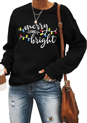 Christmas Sweatshirt Women Merry and Bright Christmas T-Shirt Funny Xmas Lights Blouse Tops Holiday Shirts
