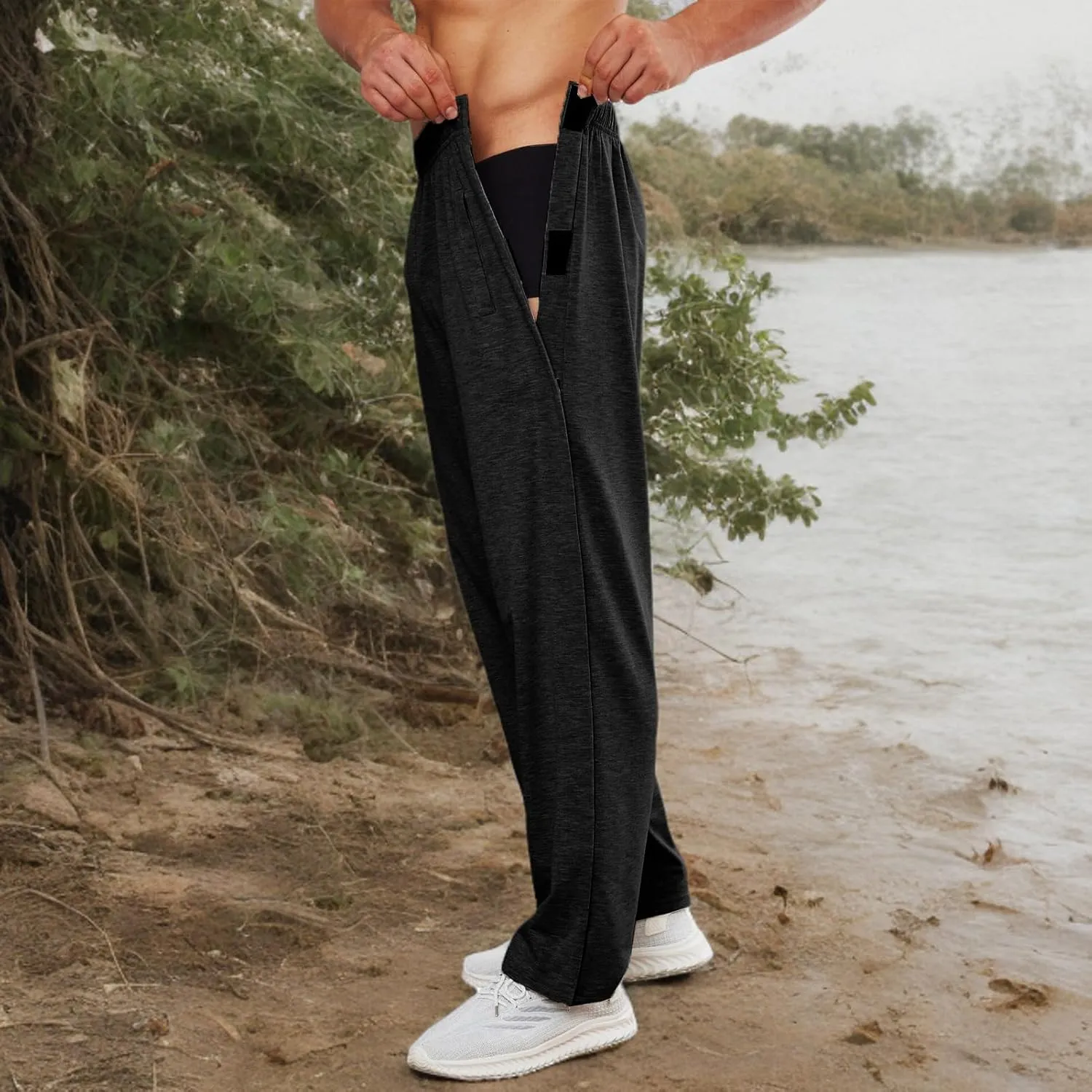Deyeek Men's Tear Away Pants 2 Side Snap Open Bottom Sweatpants Loose Fit Casual Post Surgery Pants with Pockets