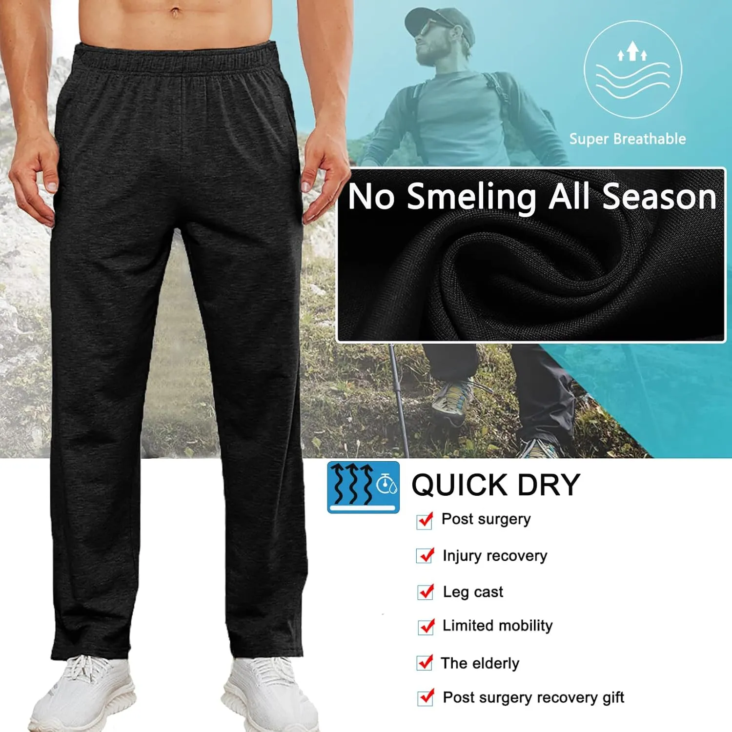 Deyeek Men's Tear Away Pants 2 Side Snap Open Bottom Sweatpants Loose Fit Casual Post Surgery Pants with Pockets
