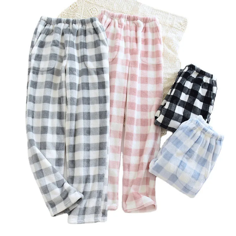 Flannel Warm Lounge Pants with Pockets - Couples' Flannel Fleece Sleep Pants - Thickened for Autumn/Winter, Straight-Leg