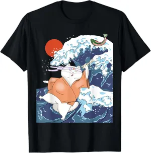 Funny Cat Samurai | Wave Ocean Fish | Japanese Cat T-Shirt