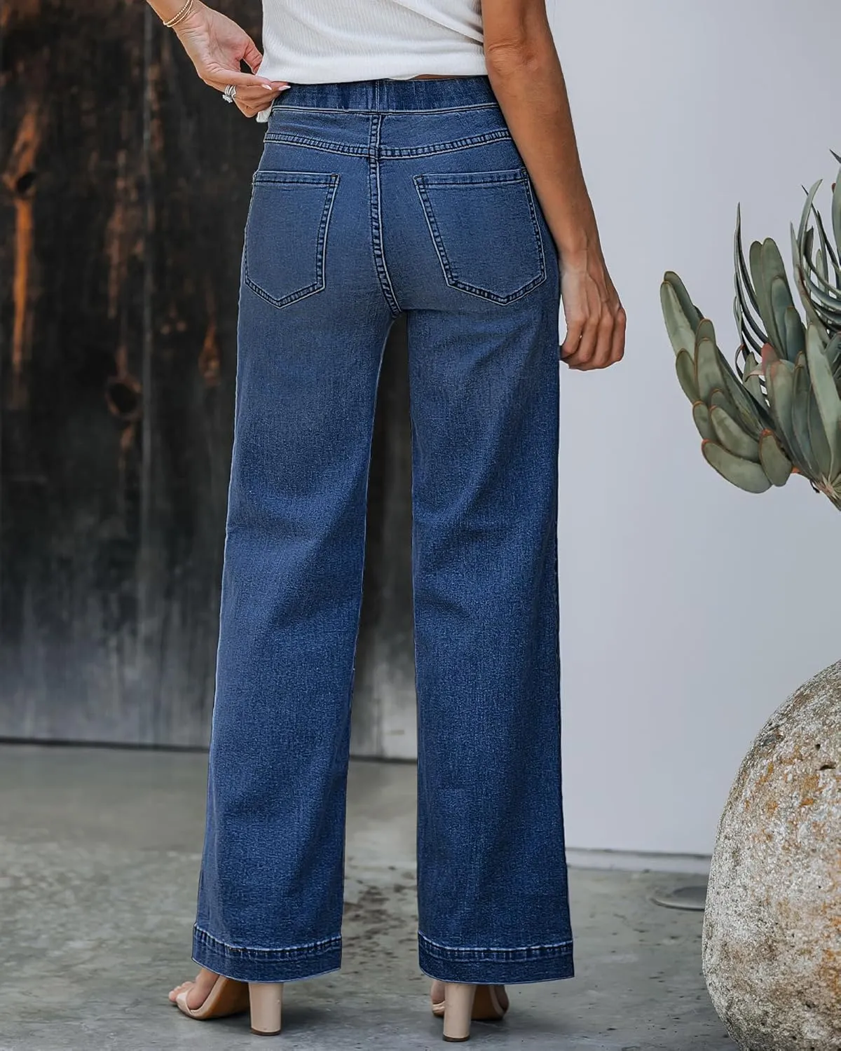 GRAPENT Pull On Womens Jeans Baggy Stretchy High Waisted Denim Wide Leg Trouser Pants Trendy Front Seam 90s Loose Jean