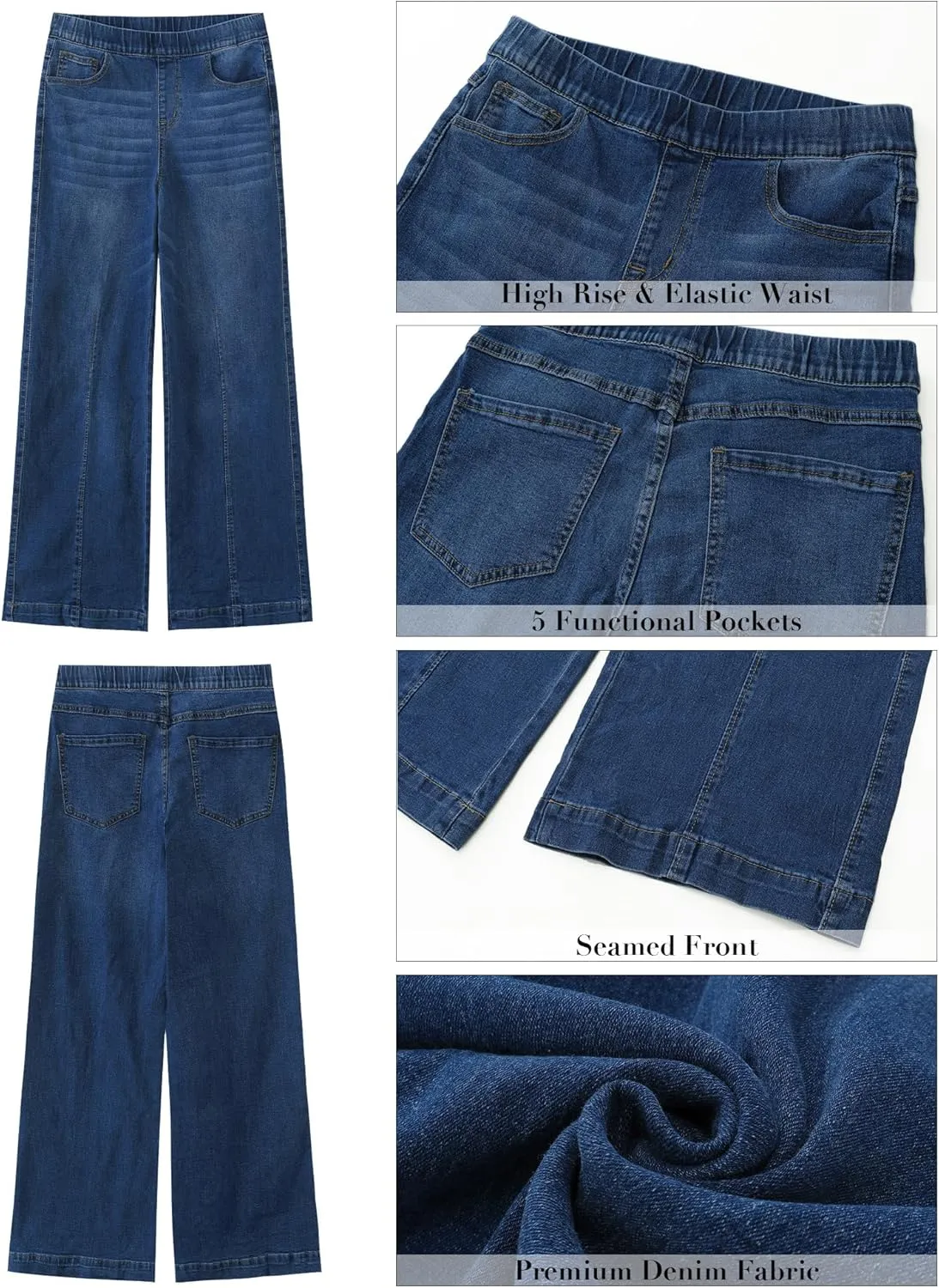 GRAPENT Pull On Womens Jeans Baggy Stretchy High Waisted Denim Wide Leg Trouser Pants Trendy Front Seam 90s Loose Jean