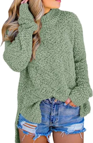 Imily Bela Womens Fuzzy Knitted Sweater Sherpa Fleece Side Slit Full Sleeve Jumper Outwears