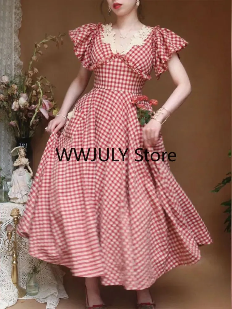 Joskka Elegant Plaid Midi Dress Woman French Style Short Sleeve Dress Even Party Casual Fashion Dress Lace Design  Summer Chic