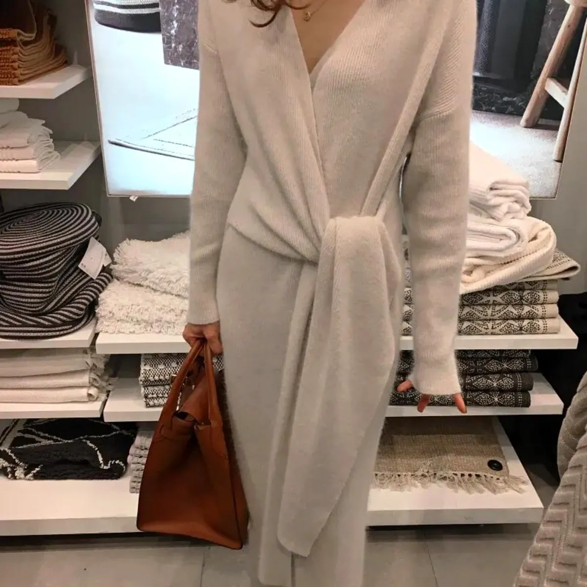 Luexco Belted Wrap Poly-Cashmere Woolen V Neck Knitted Dress