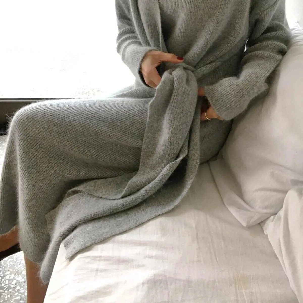 Luexco Belted Wrap Poly-Cashmere Woolen V Neck Knitted Dress