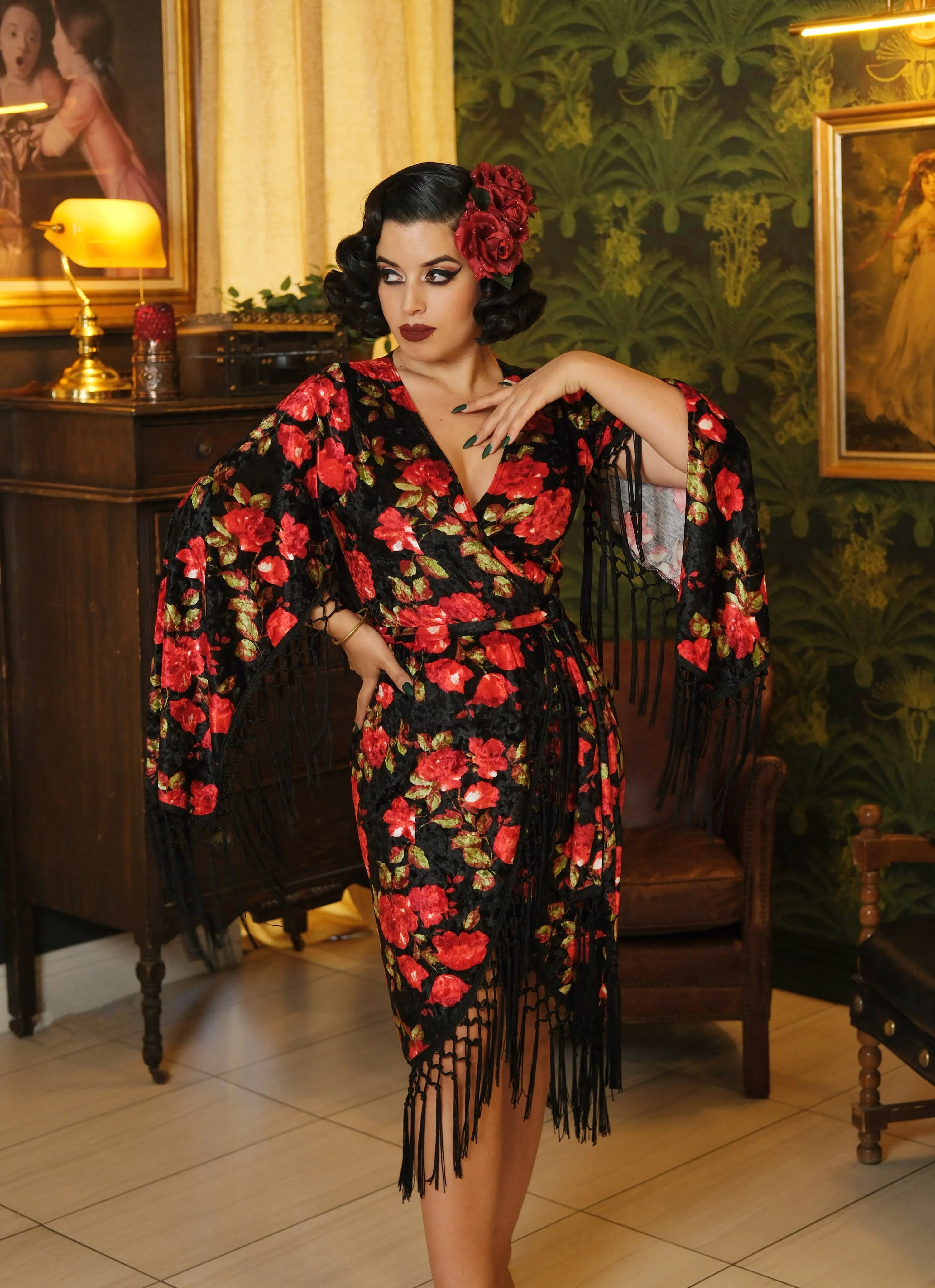 Magdalena Wrap Dress (Black/Red Roses)