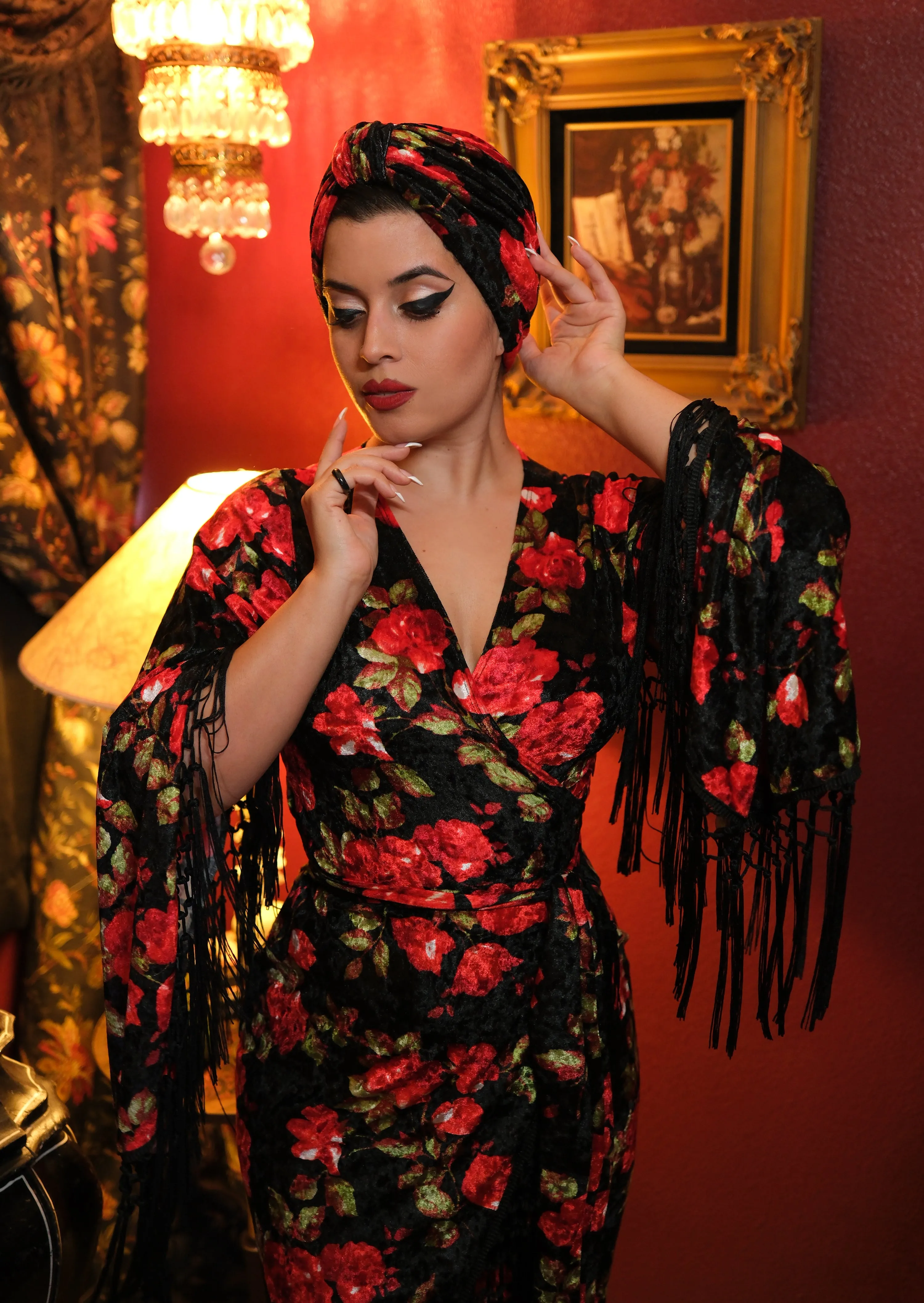 Magdalena Wrap Dress (Black/Red Roses)