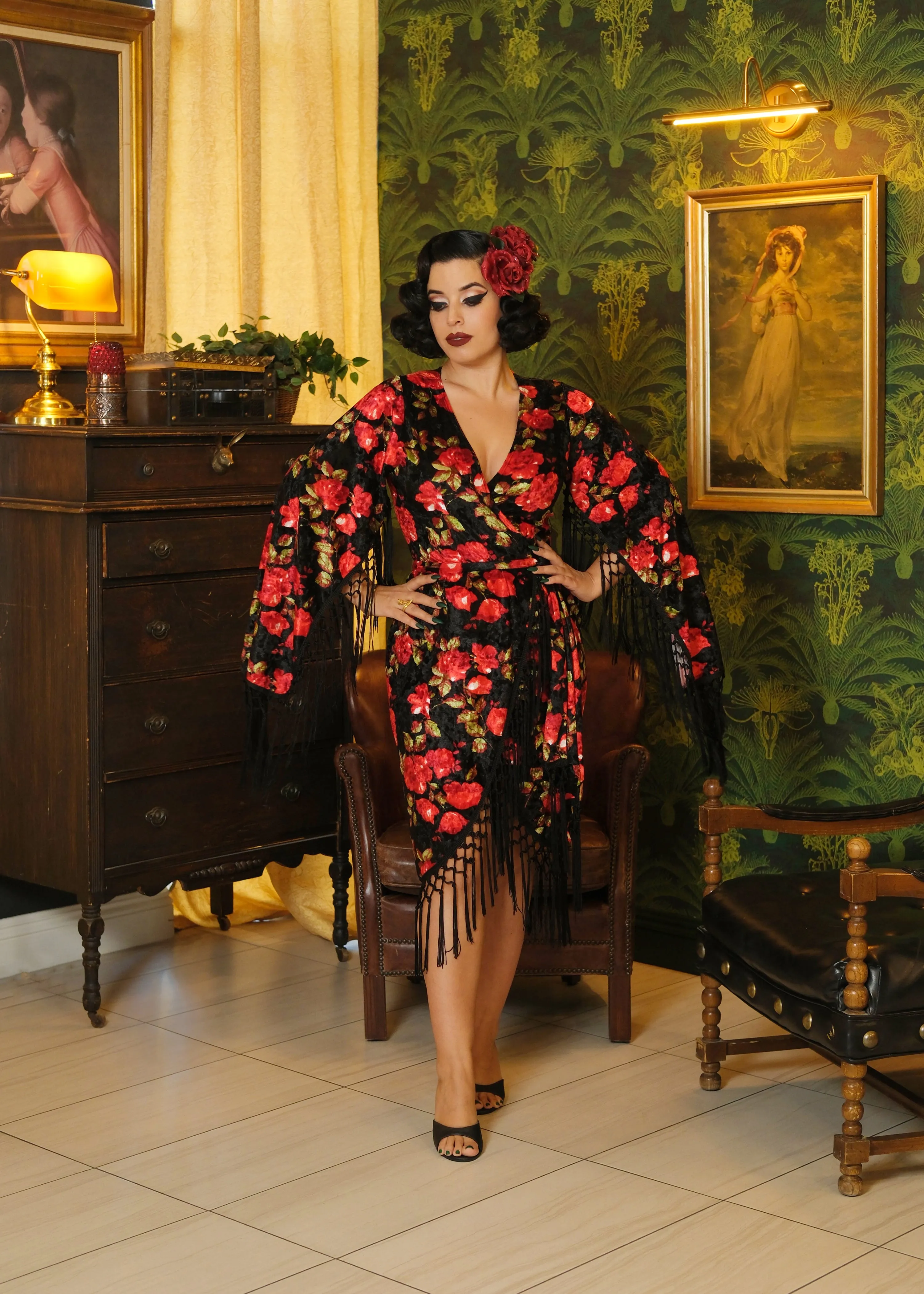 Magdalena Wrap Dress (Black/Red Roses)