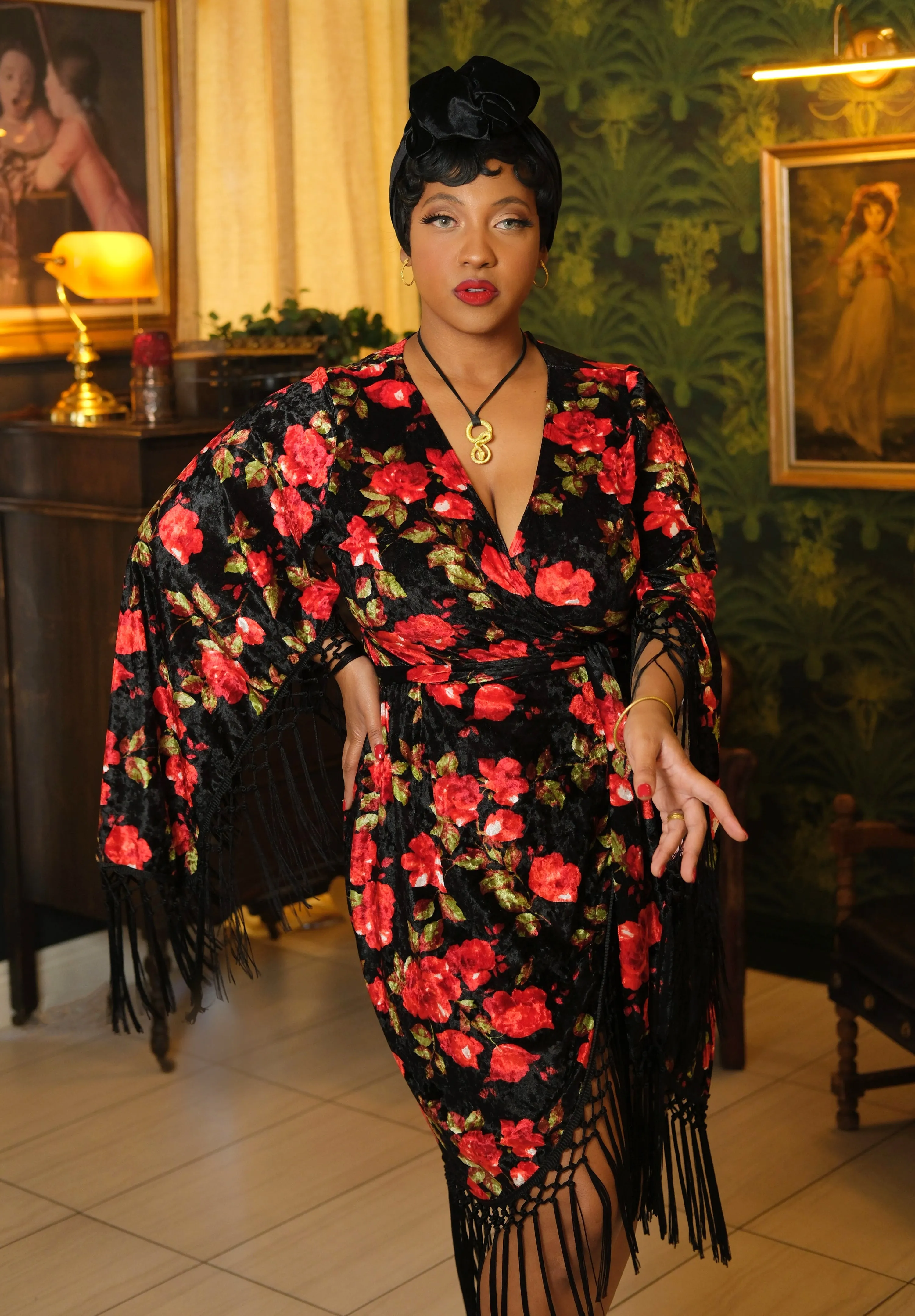 Magdalena Wrap Dress (Black/Red Roses)