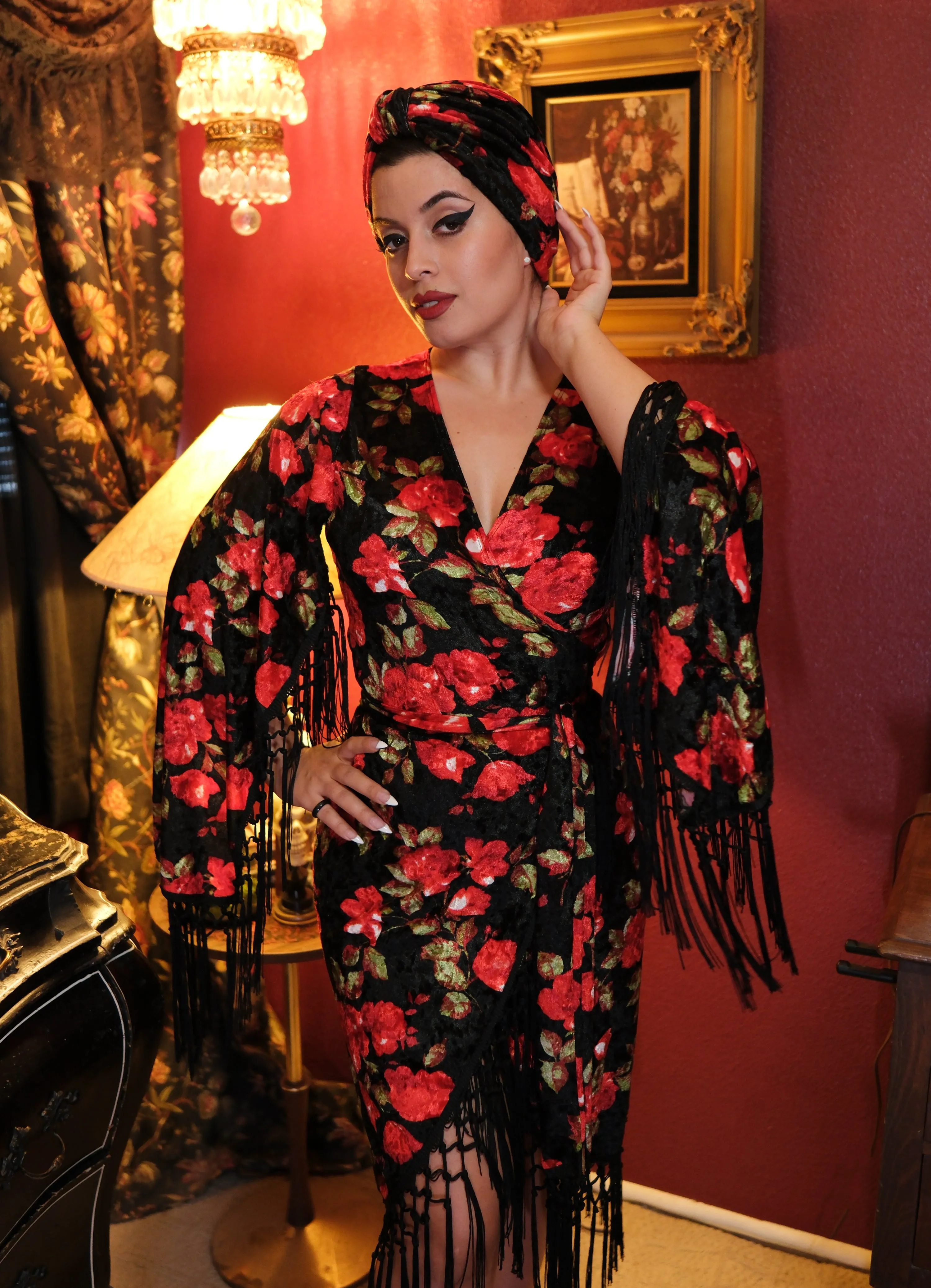 Magdalena Wrap Dress (Black/Red Roses)