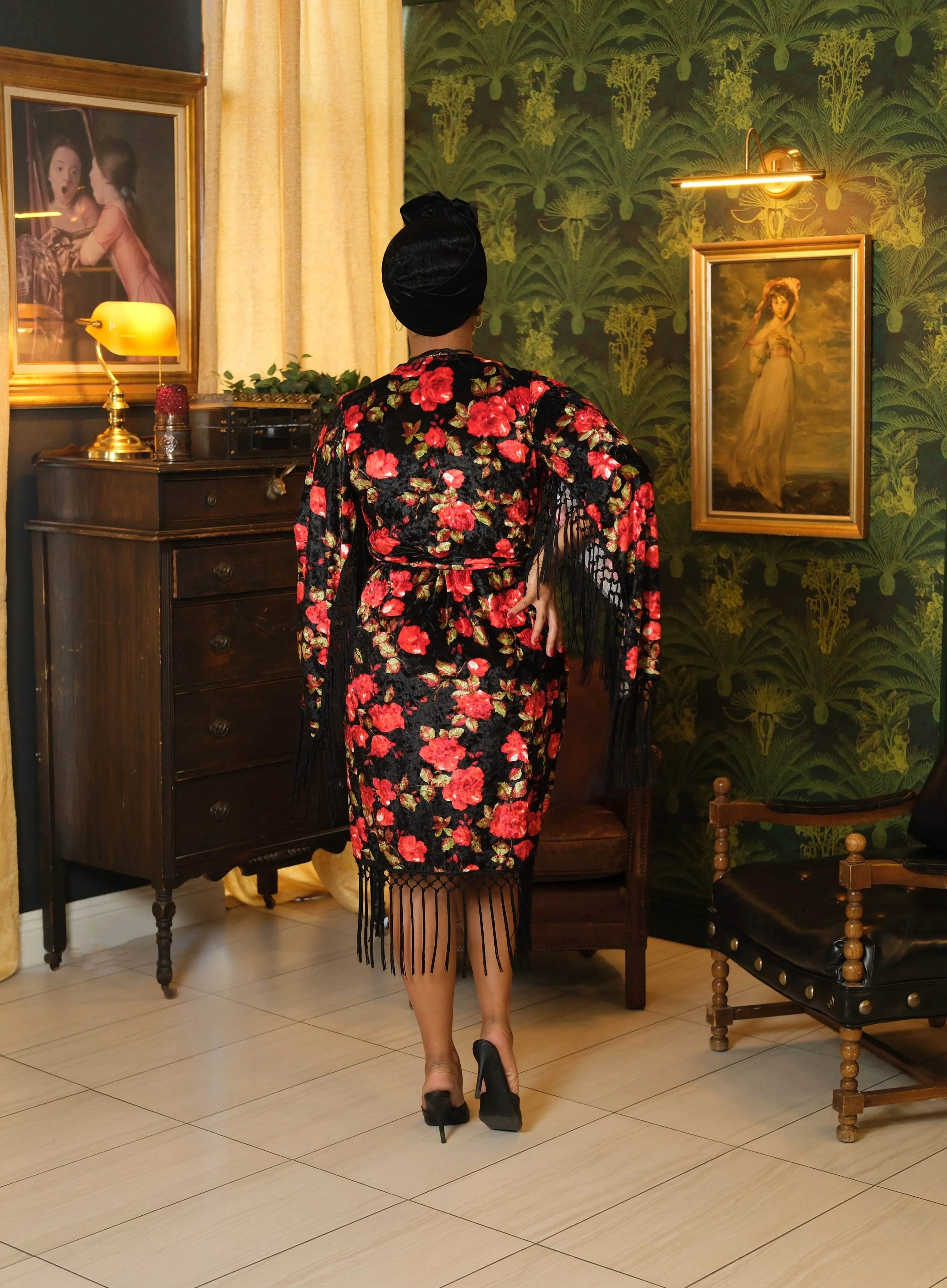 Magdalena Wrap Dress (Black/Red Roses)