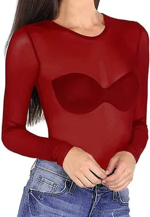 Mesh Tops for Women Long Sleeve Mock Neck Fitted Sexy Top Bodycon Clubwear Sheer Pure Mesh Tops T Shirts