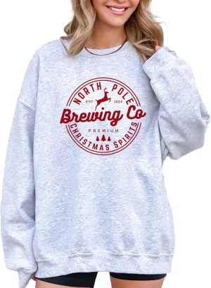 North Pole Brewing Co. Christmas Sweatshirt - Funny Graphic Sweatshirts for Women, Holiday Christmas Sweater, Comfy Pullover