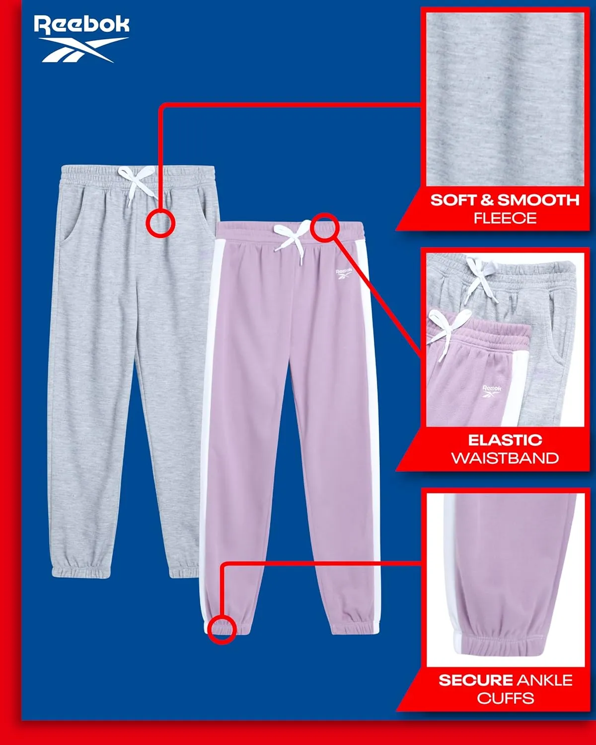 Reebok Girls' Sweatpants - 2 Pack Active Pull On Fleece Joggers and Wide Leg Jogger Pants with Pockets (Sizes: 4-16)
