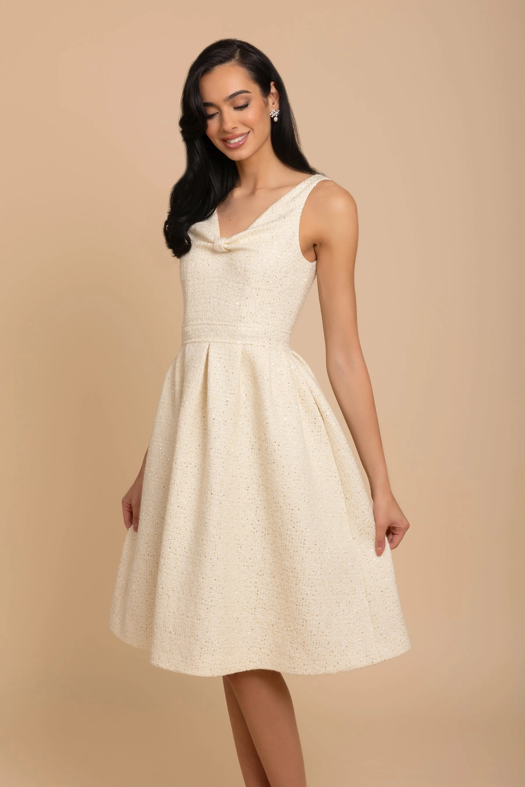 'Splendour' Wool Tweed Midi Dress in Crema