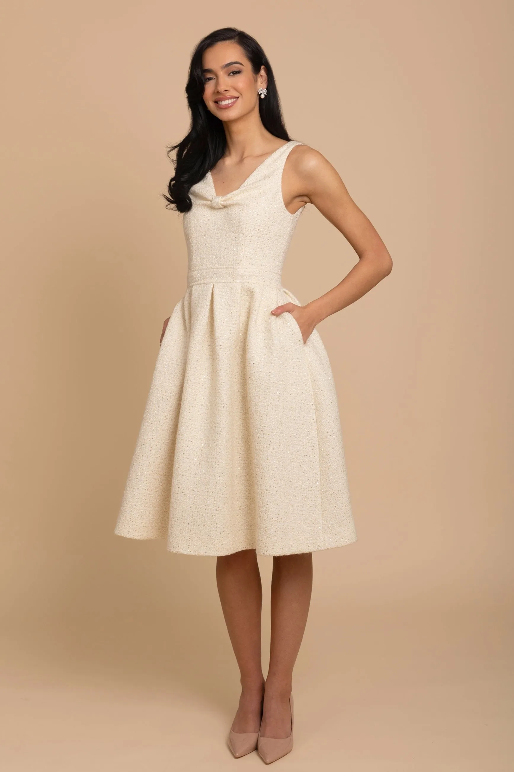 'Splendour' Wool Tweed Midi Dress in Crema