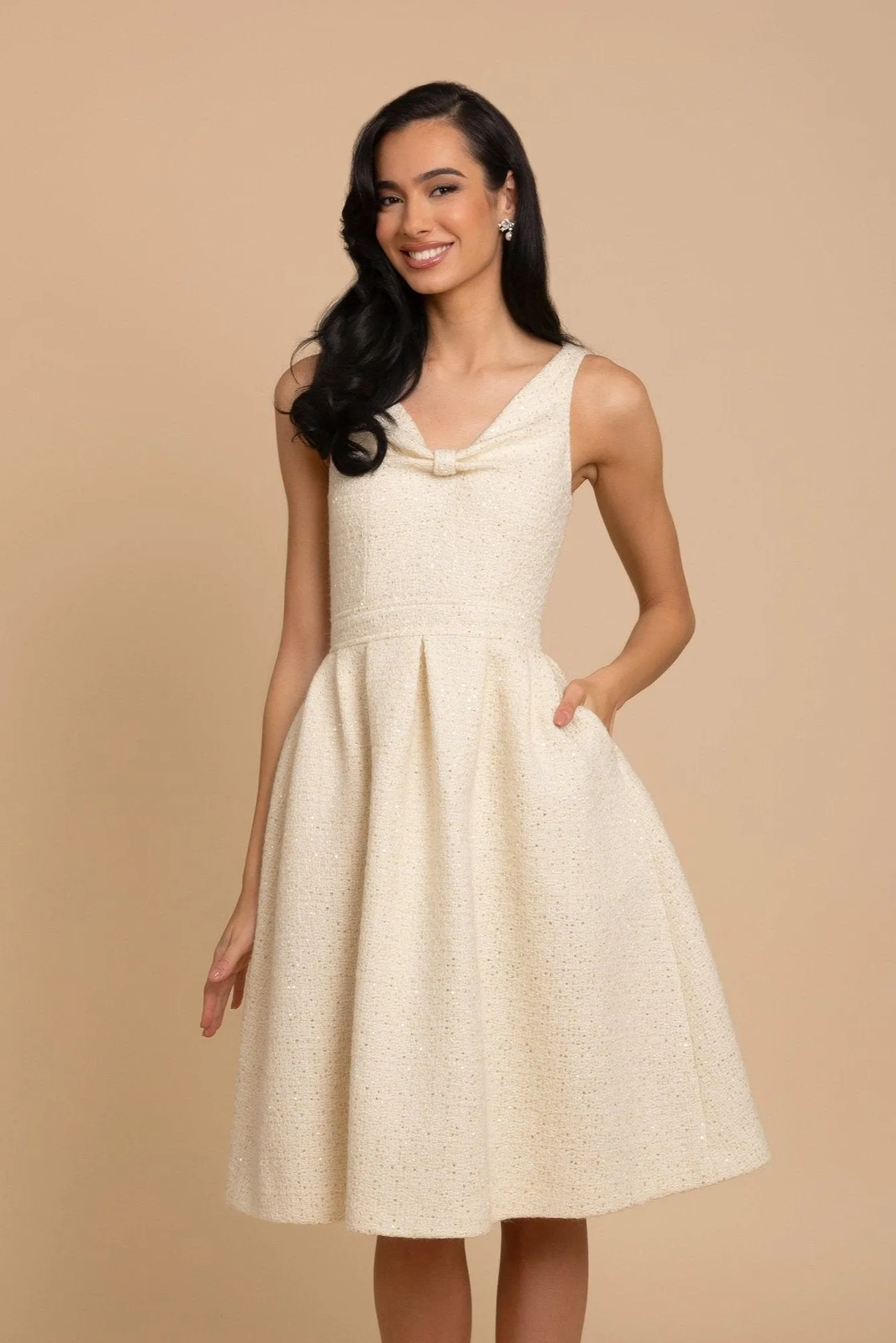 'Splendour' Wool Tweed Midi Dress in Crema