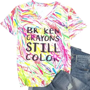 Teacher Shirt for Women Crayons Graphic Tee Mental Health Awareness Supporter T-Shirt Holiday Casual V-Neck Tops