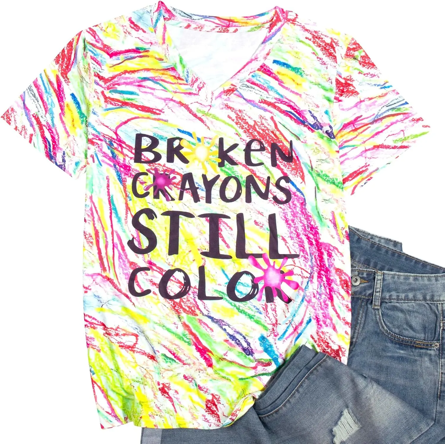 Teacher Shirt for Women Crayons Graphic Tee Mental Health Awareness Supporter T-Shirt Holiday Casual V-Neck Tops
