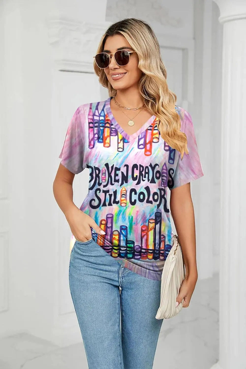 Teacher Shirt for Women Crayons Graphic Tee Mental Health Awareness Supporter T-Shirt Holiday Casual V-Neck Tops