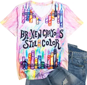 Teacher Shirt for Women Crayons Graphic Tee Mental Health Awareness Supporter T-Shirt Holiday Casual V-Neck Tops