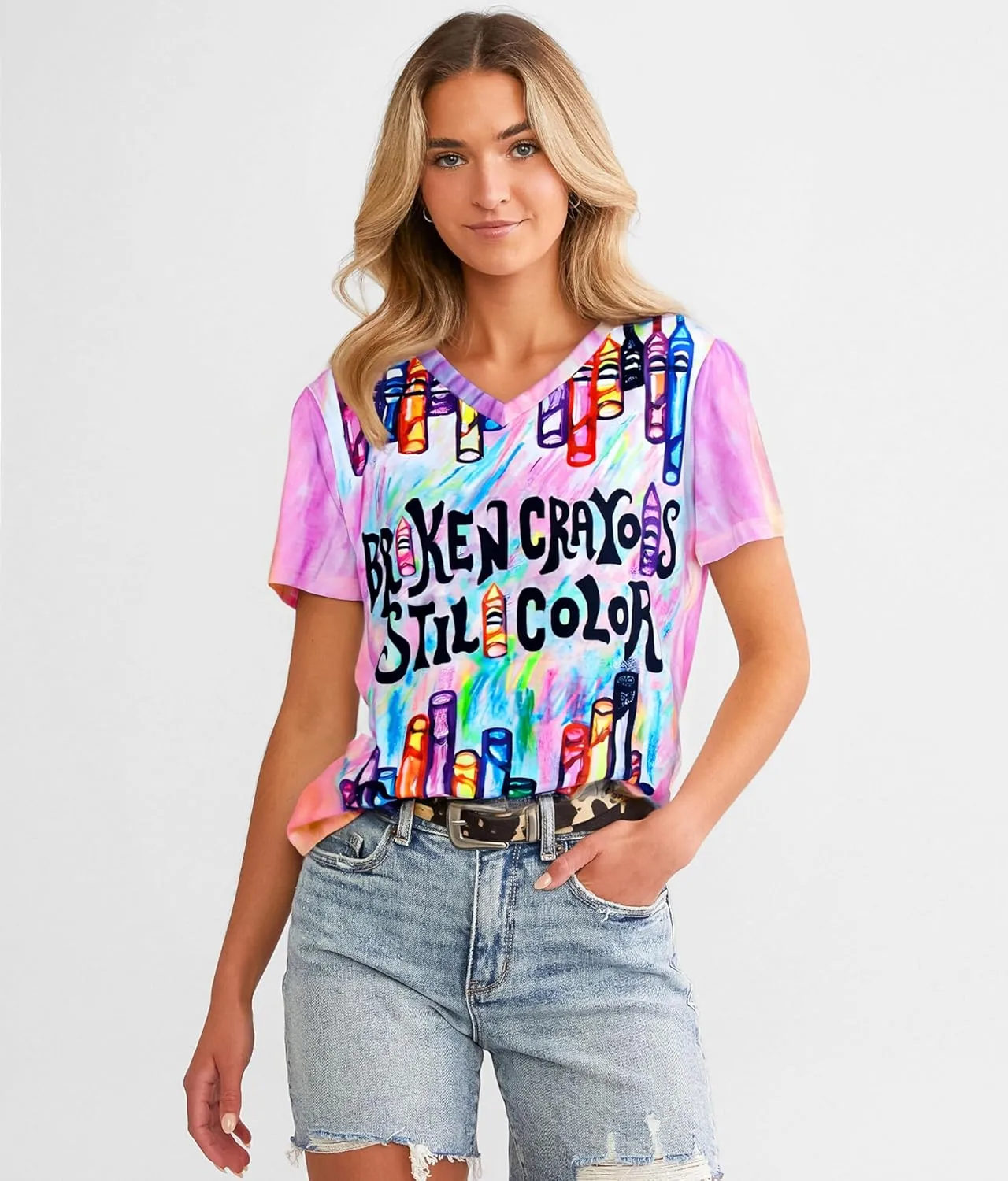 Teacher Shirt for Women Crayons Graphic Tee Mental Health Awareness Supporter T-Shirt Holiday Casual V-Neck Tops
