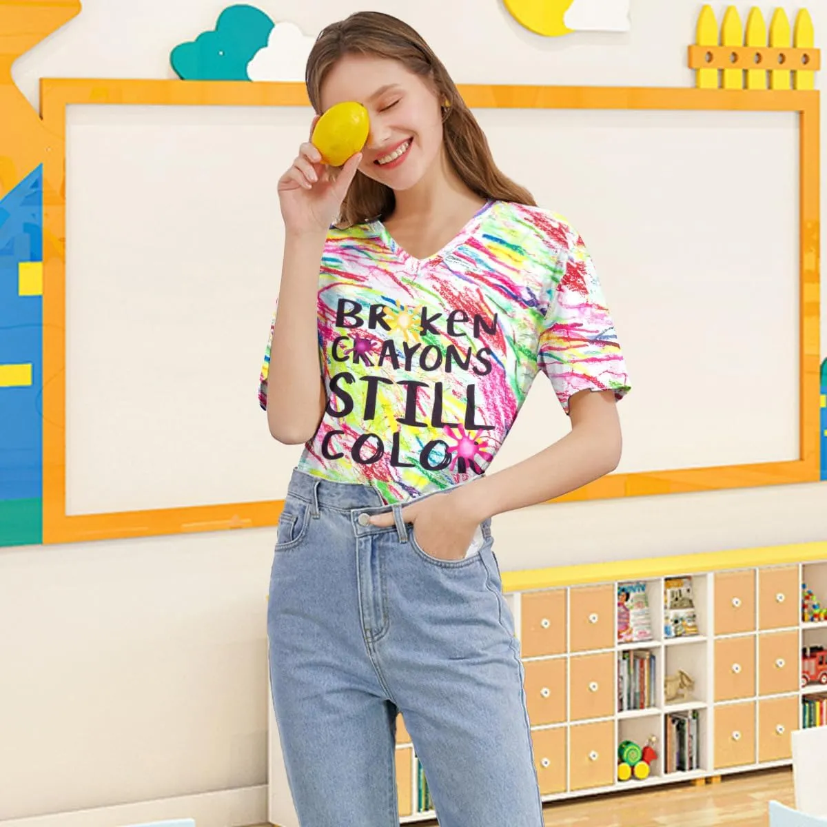 Teacher Shirt for Women Crayons Graphic Tee Mental Health Awareness Supporter T-Shirt Holiday Casual V-Neck Tops