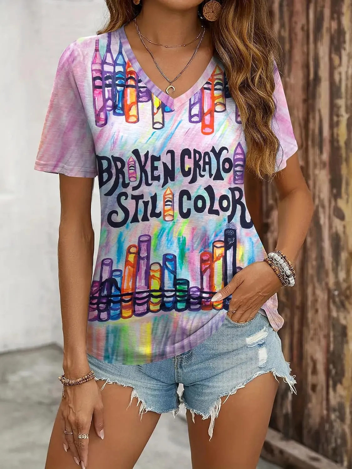 Teacher Shirt for Women Crayons Graphic Tee Mental Health Awareness Supporter T-Shirt Holiday Casual V-Neck Tops