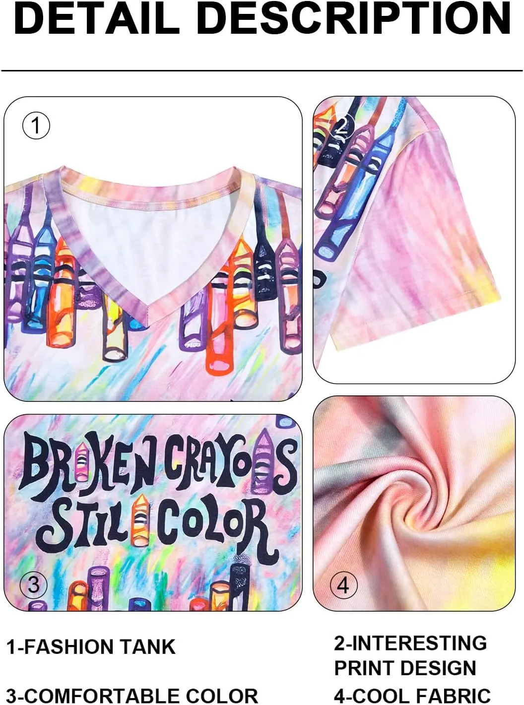 Teacher Shirt for Women Crayons Graphic Tee Mental Health Awareness Supporter T-Shirt Holiday Casual V-Neck Tops