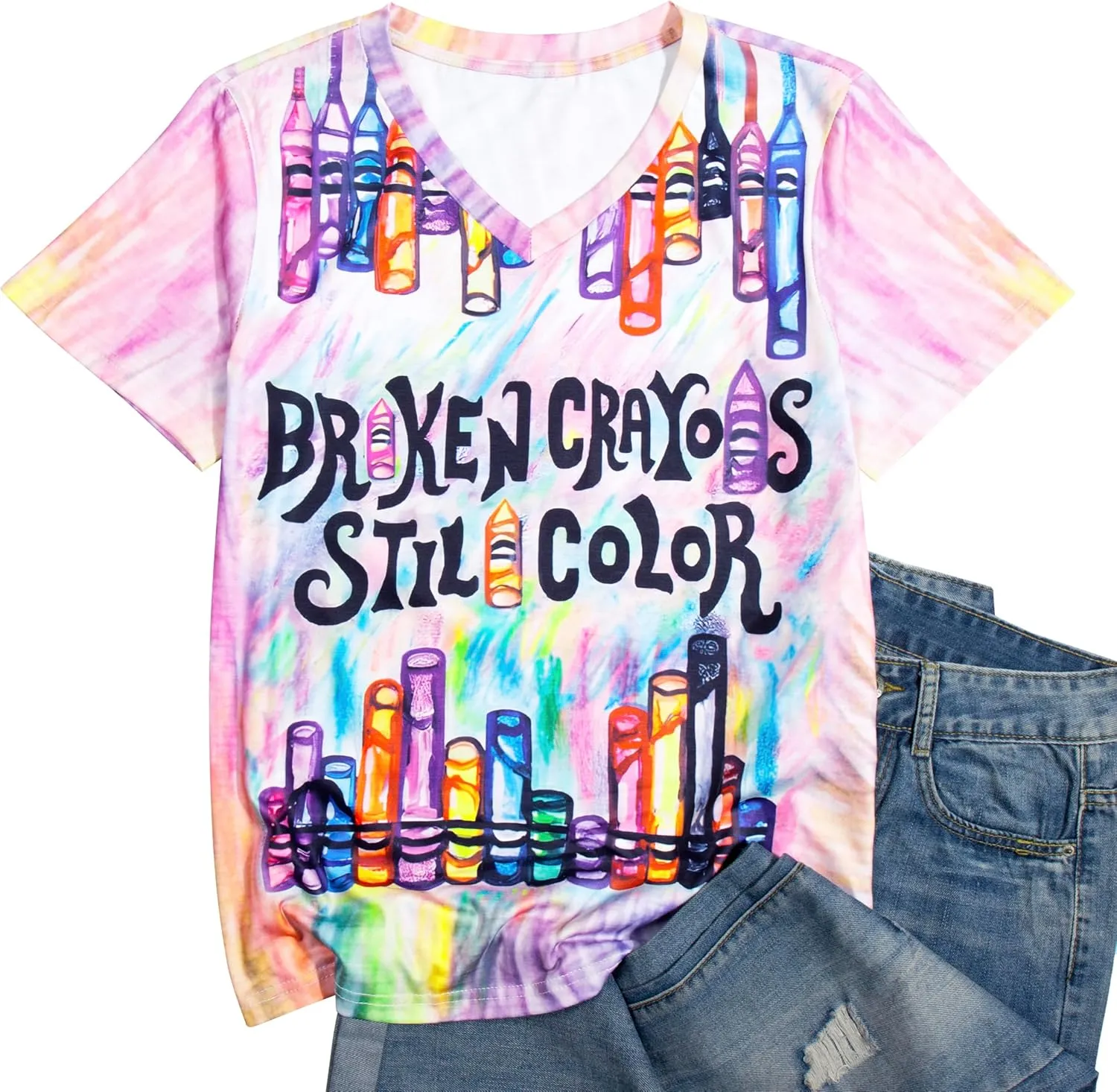Teacher Shirt for Women Crayons Graphic Tee Mental Health Awareness Supporter T-Shirt Holiday Casual V-Neck Tops