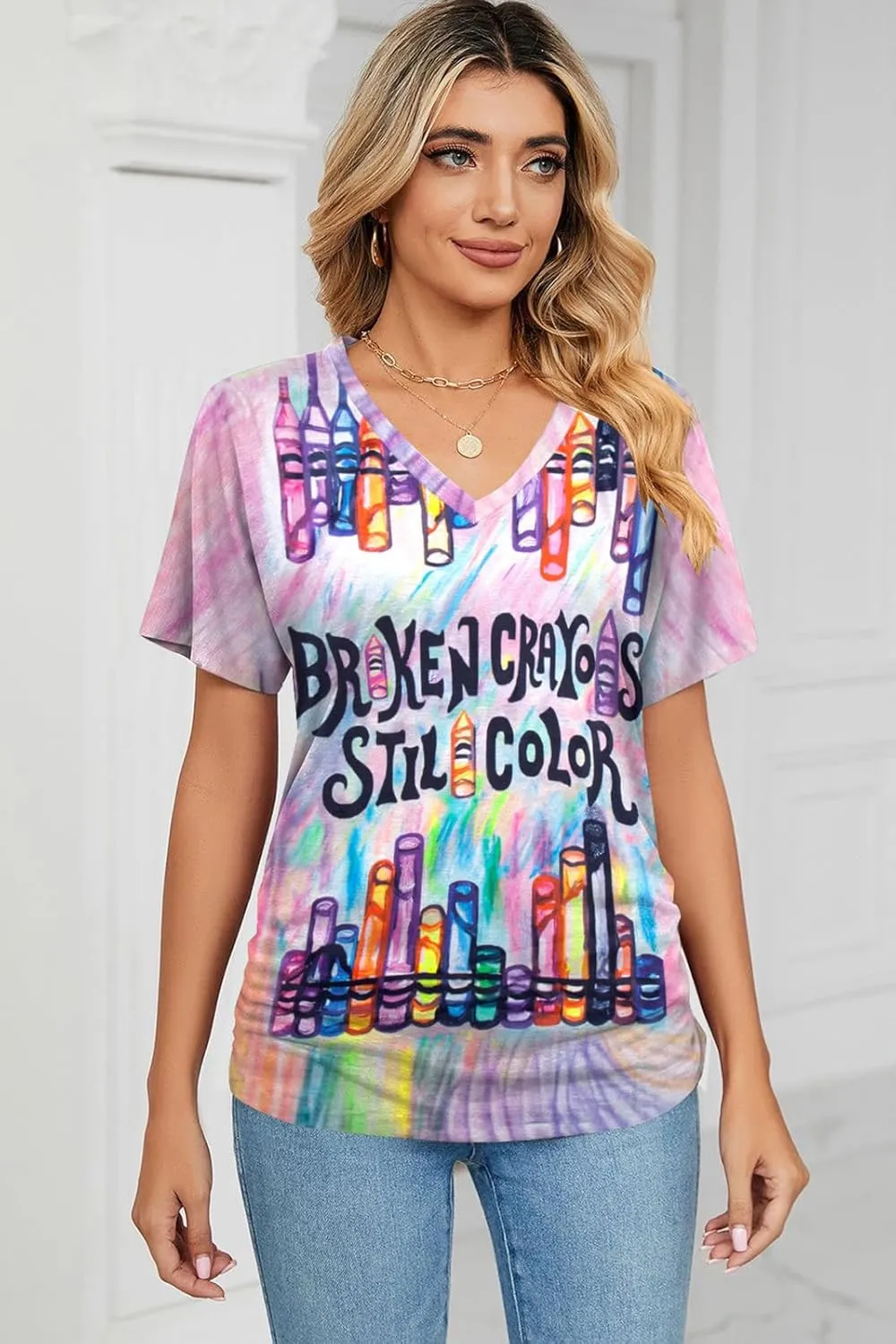 Teacher Shirt for Women Crayons Graphic Tee Mental Health Awareness Supporter T-Shirt Holiday Casual V-Neck Tops