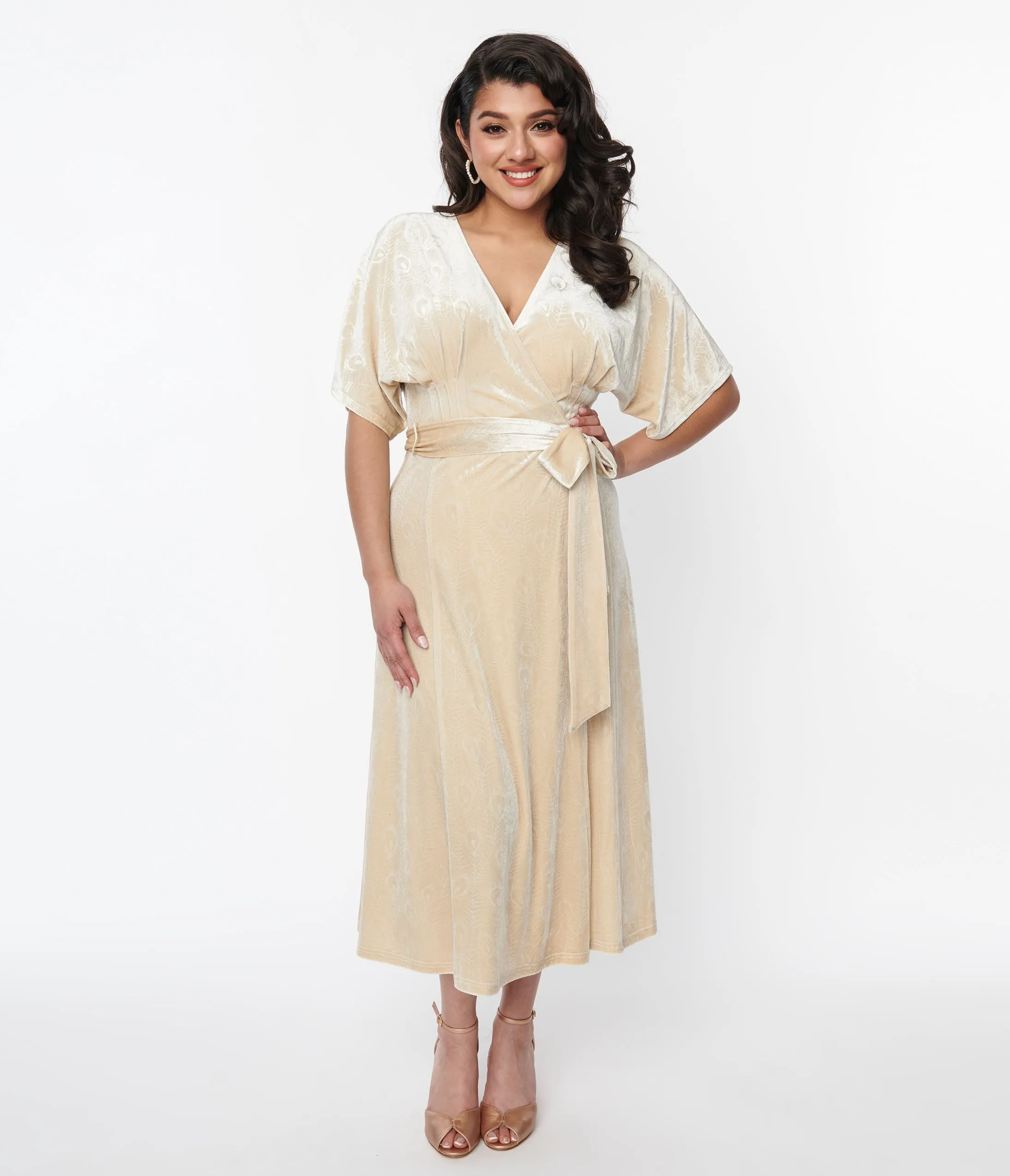 Unique Vintage 1970s Ivory Peacock Velvet Wrap Midi Dress