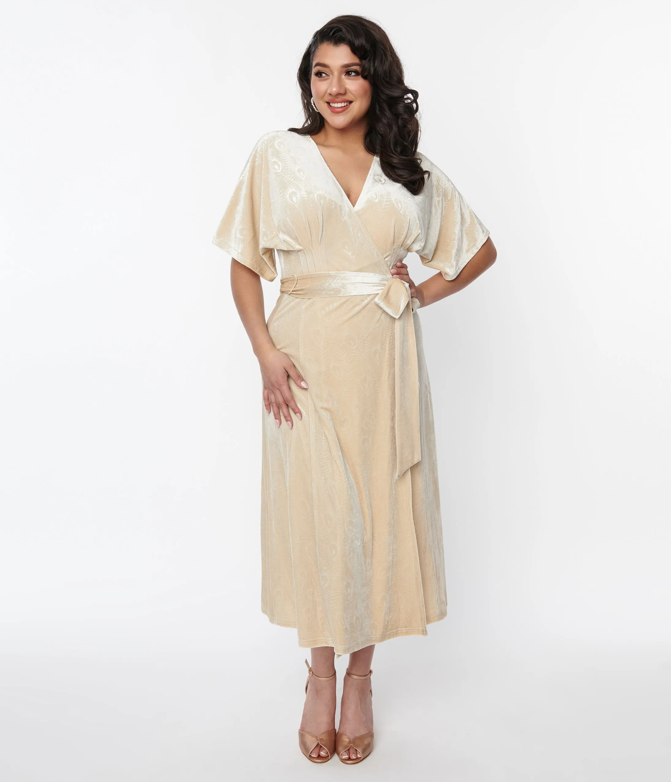Unique Vintage 1970s Ivory Peacock Velvet Wrap Midi Dress