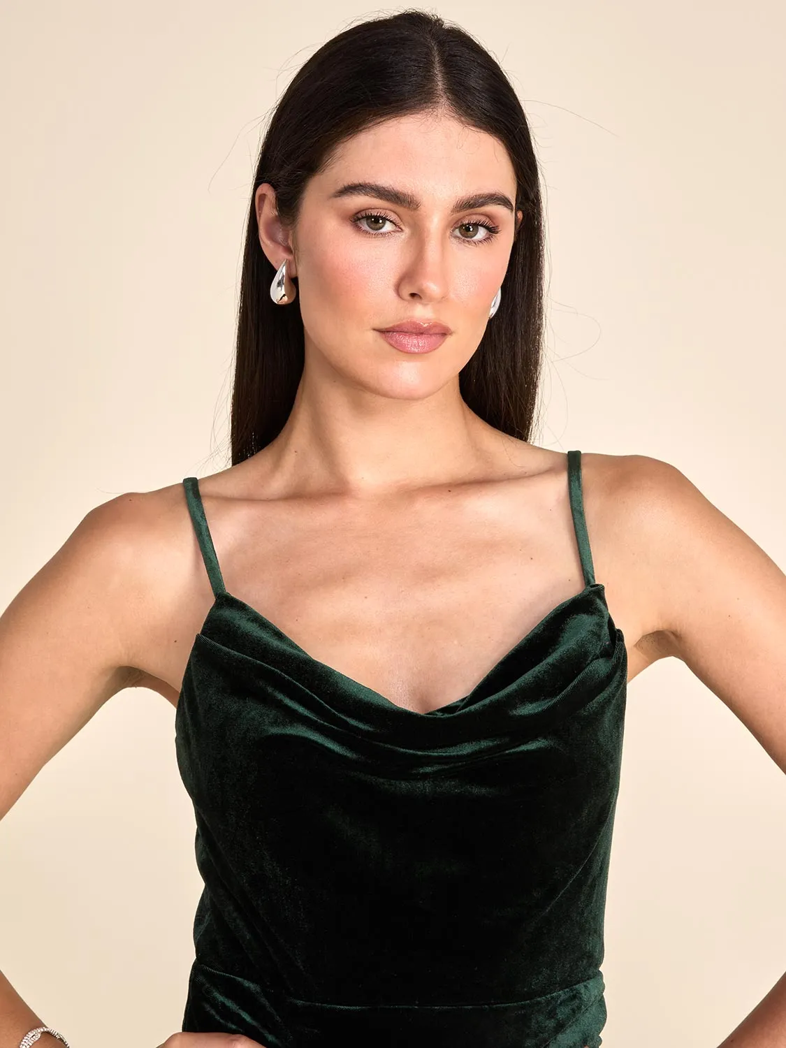 Velvet Cowl Neck Gown With Wrap Skirt