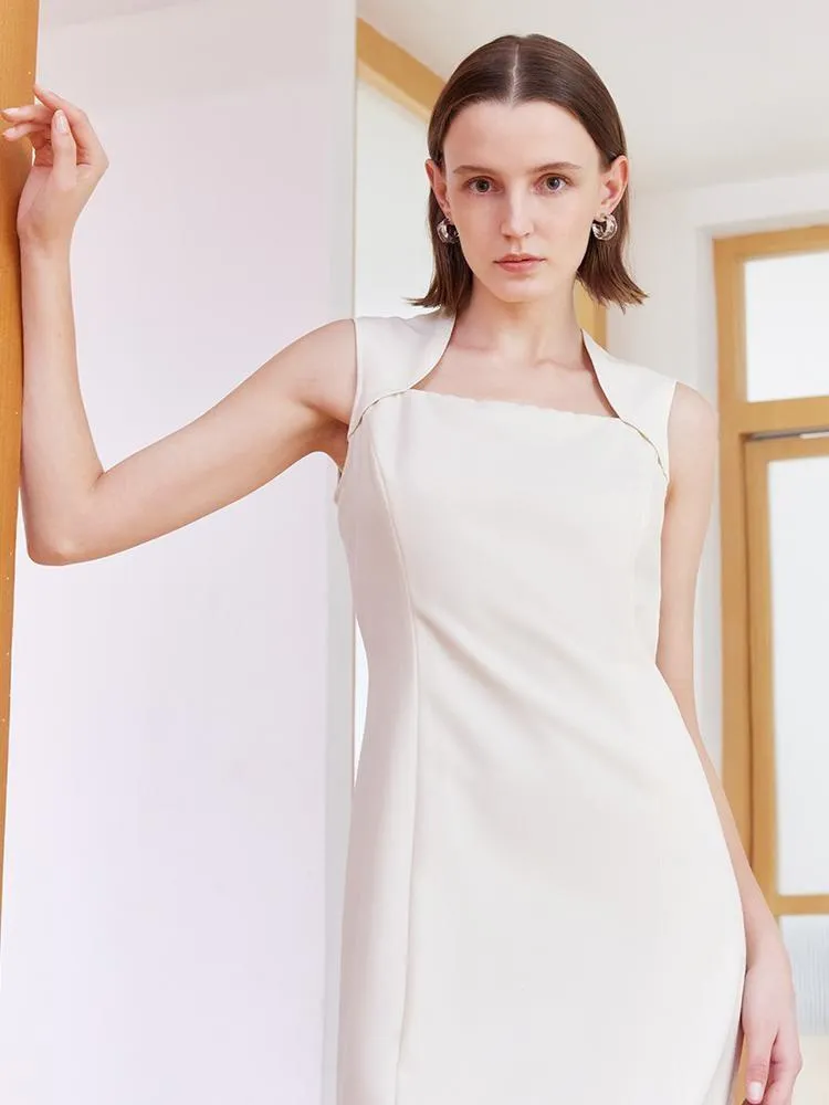 White Slim Midi Tailored Wool Dress