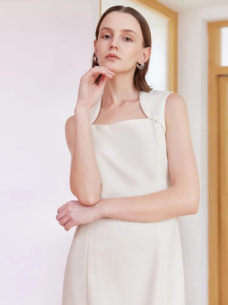 White Slim Midi Tailored Wool Dress