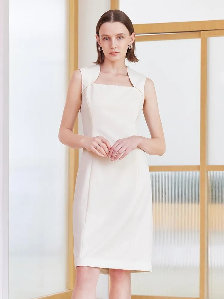 White Slim Midi Tailored Wool Dress