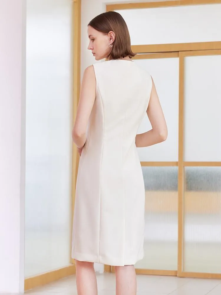 White Slim Midi Tailored Wool Dress