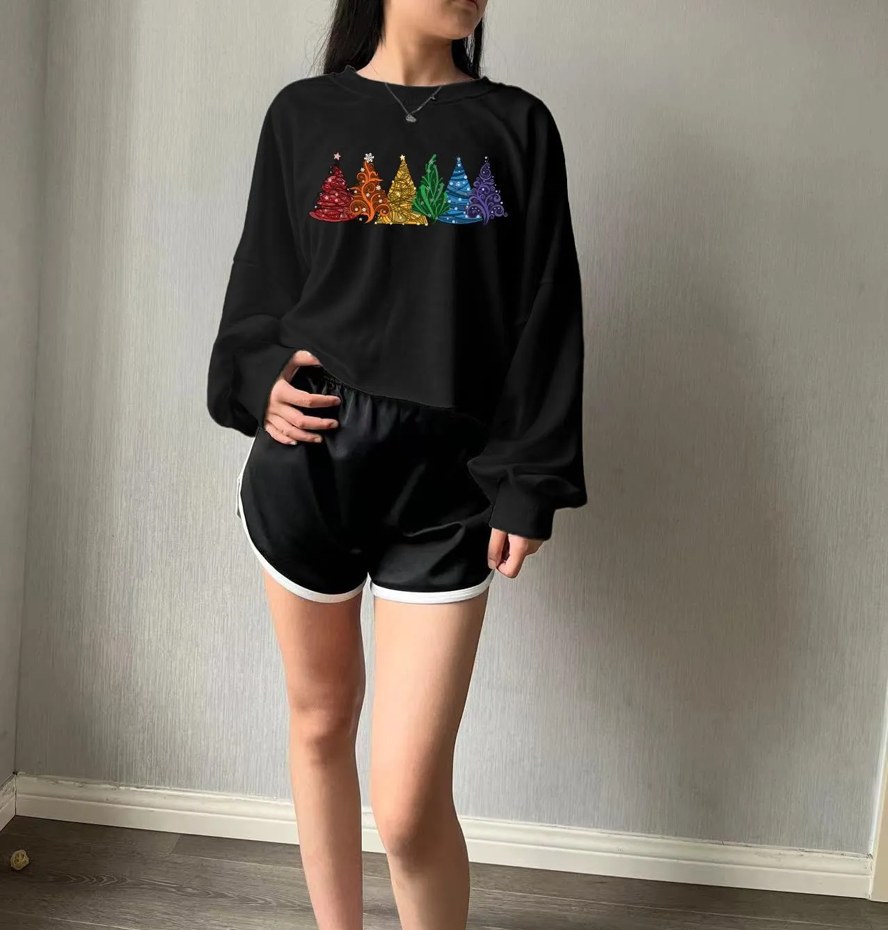 Women's Funny Christmas Graphic Crop Sweatshirts Xmas Holiday Party Casual Lantern Long Sleeve Pullover Tops