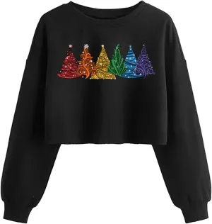 Women's Funny Christmas Graphic Crop Sweatshirts Xmas Holiday Party Casual Lantern Long Sleeve Pullover Tops