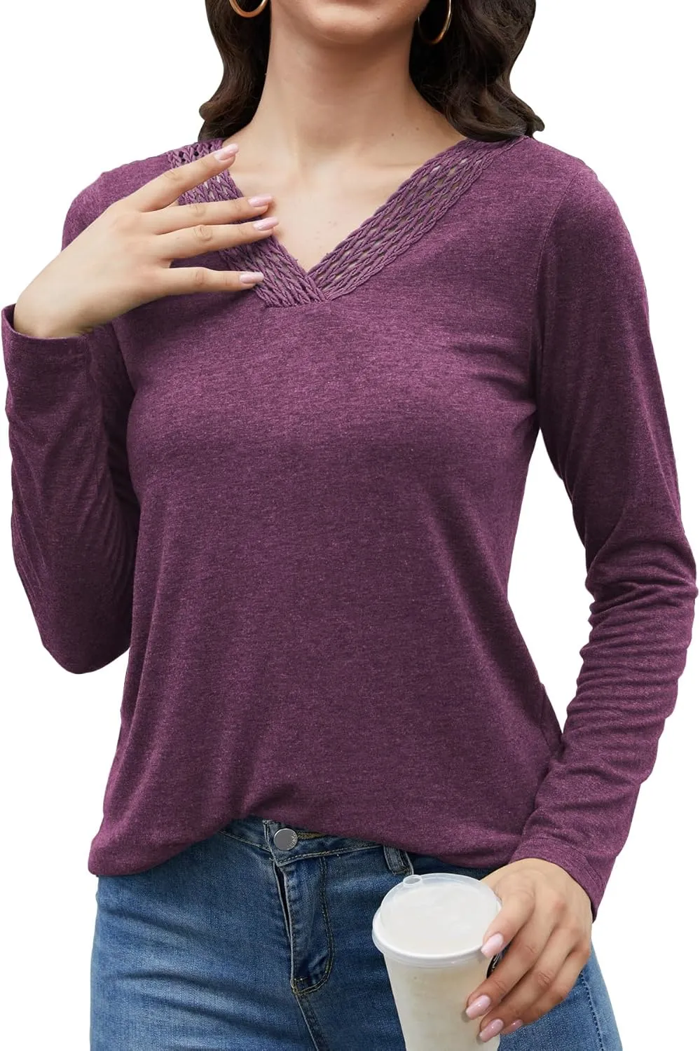 Womens Tops Dressy Casual V Neck Long Sleeve Lace Splice T Shirts Cute Fashion Clothes 2025
