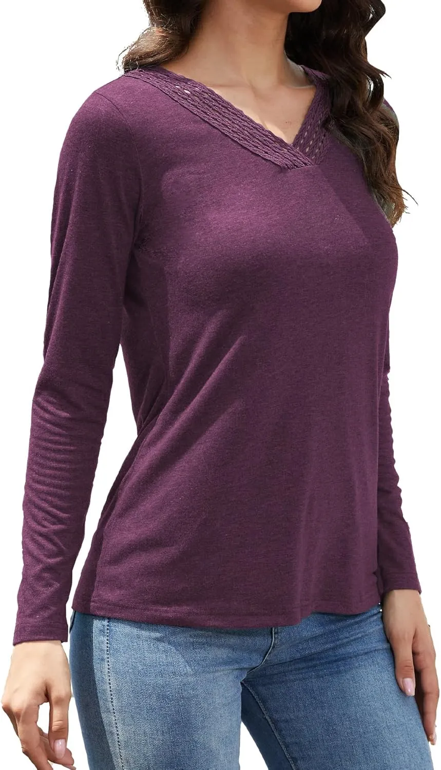 Womens Tops Dressy Casual V Neck Long Sleeve Lace Splice T Shirts Cute Fashion Clothes 2025